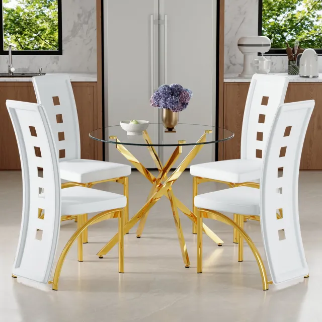 HAUSS SPOLE Set Tafel En Stoelen - Ronde Eettafel Met 4 Stoelen - Gehard Glas En Geometrische Rugleuning - Voor Eethoek En Keuken - Wit Goud Transparant