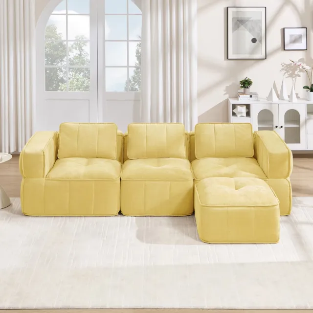 MODFU Modulaire Hoekbank Met Hocker - 3-Zits - L-Vormig - Frameloos - Polyester - Geel