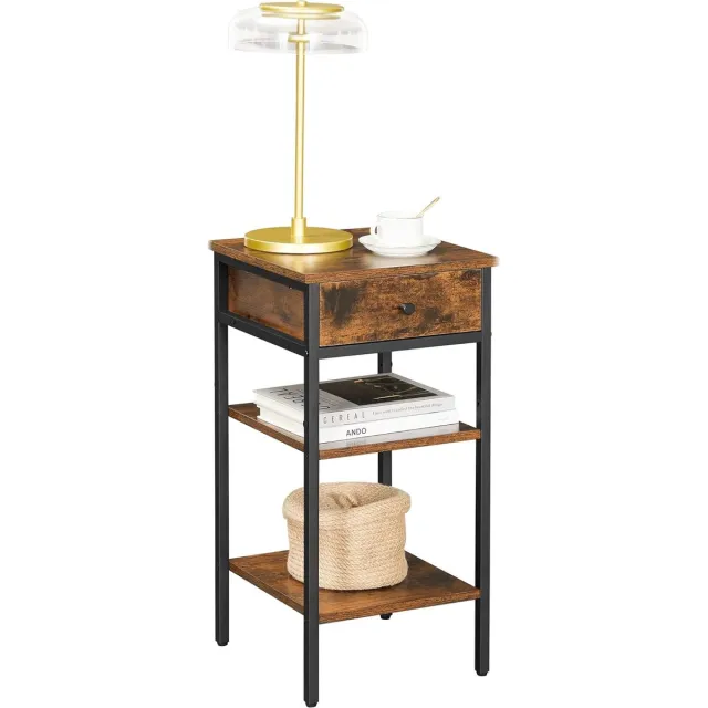 FurnStar Nachtkastje -Bijzettafel hoog met een lade en 2 open vakken - 1 Verstelbare plank - Ruimtebesparend - Verstelbare poten - Industrieel design - Rustiek bruin en zwart
