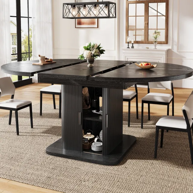 FloraGrace Eettafel - Uitschuifbaar Met Opbergruimte En Schuifdeuren - Ovaal Voor Eetkamer - MDF En Metaal - 149,8x110x75 Cm - Zwart