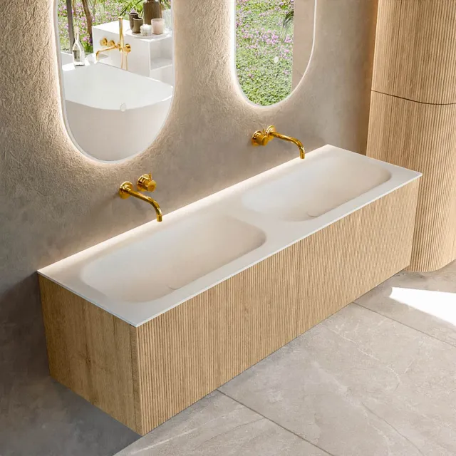 Mondiaz KURVE 150 cm Onderkast Greeploos 2 Lades Zonder Deuren Oak, Wastafel Solid Surface Dubbel Talc 0 Kraangaten Zonder Spiegel (KRVBGS1502L0D0KD-Oak/Tal)