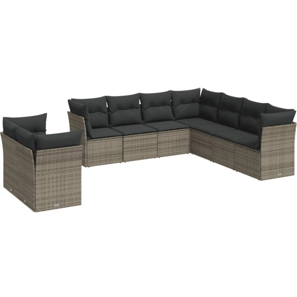 vidaXL 9-delige Loungeset met kussens poly rattan grijs