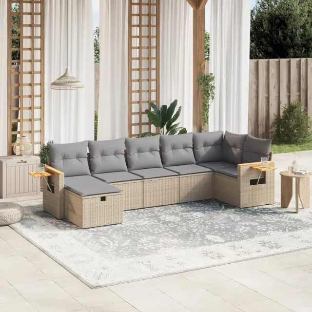 vidaXL 7-delige Loungeset met kussens poly rattan beige, foto 2