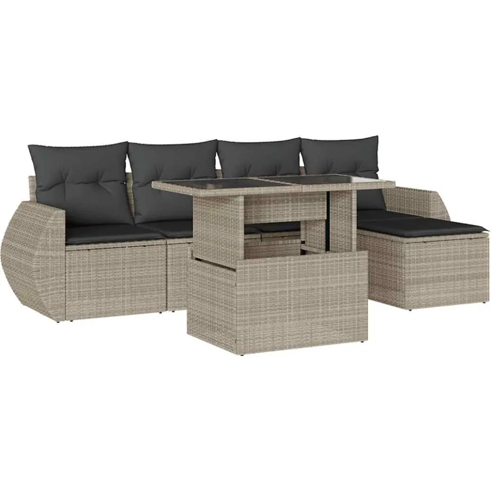 vidaXL 6-delige Loungeset met kussens poly rattan lichtgrijs grijs, foto 4