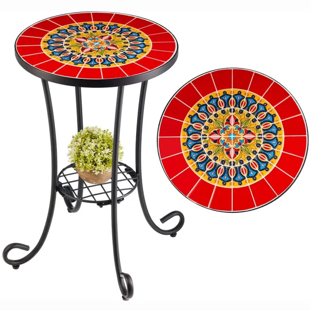 Unyqoos Stijlvolle ronde mozaïek bijzettafel met metalen frame en kleurrijke tegelplaat rood