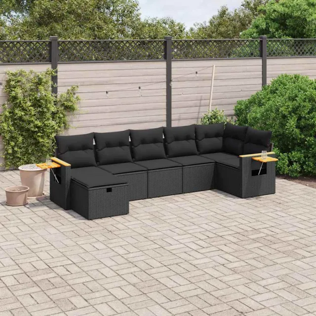 vidaXL 7-delige Loungeset met kussens poly rattan zwart, foto 2