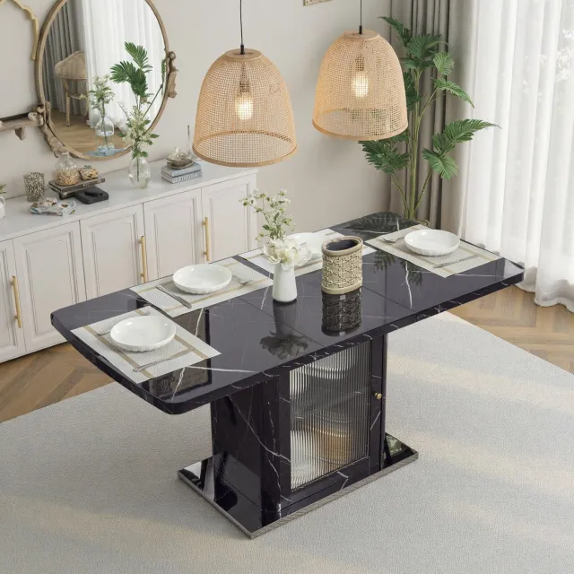 Wishdor Uitschuifbare eettafel - Zwart tafelblad met marmerlook - Kastpoot met dubbele opbergruimte en glazen deuren - Verstelbare plank - Modern voor de eetkamer - MDF en staal - 120-160 x 80 x 76 cm