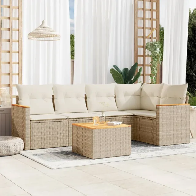 vidaXL 6-delige Loungeset met kussens poly rattan beige, foto 2