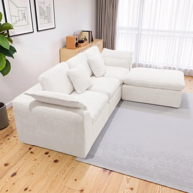 Wishdor Modulaire 4-zits hoekbank - Verplaatsbare hocker - Diepe, brede zit met dikke zachte kussens - Flexibel te herschikken - Modern minimalistisch - Woonkamer en slaapkamer - Gebroken wit - 246 x 90 x 81 cm