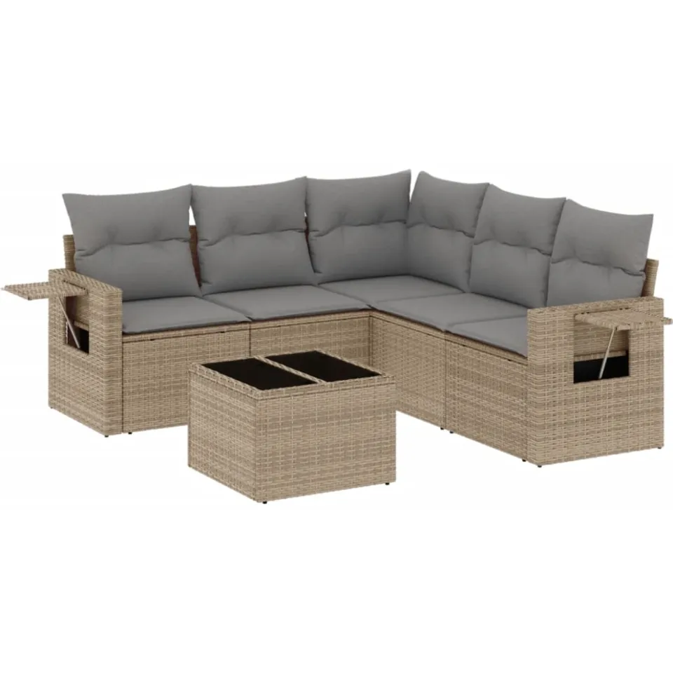 vidaXL 6-delige Loungeset met kussens poly rattan beige