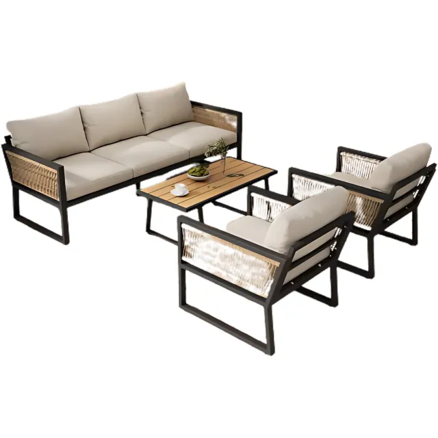 Happiq 4-delig Tuinmeubelset - Loungeset - Tuinlounge Lounge Set - Voor Tuin of Terras - 3 Sofa’s, 2 Fauteuils & Salontafel - Kunststof Hout, Touw & Gegalvaniseerd Staal Bruin