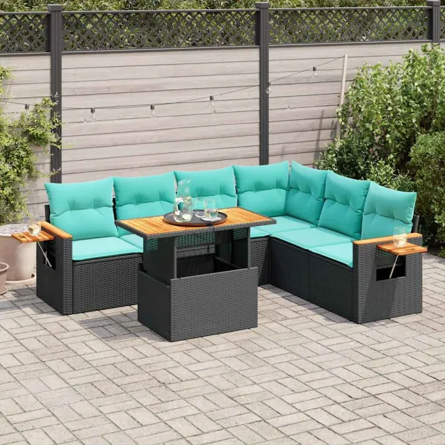 vidaXL 7-delige Loungeset met kussens poly rattan acacia zwart, foto 2