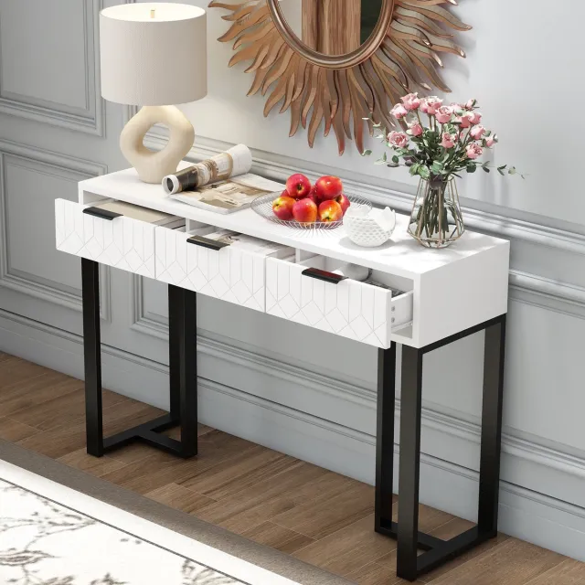 STILVORA Consoletafel Met 2 Laden – Geometrisch Frontdesign – Goudkleurig Metalen Frame – Verstelbare Voetdopjes – Voor Hal En Woonkamer – MDF – Zwart Wit