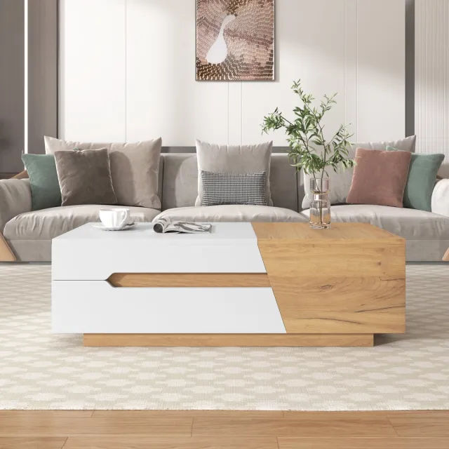 Pugsdrly Uitschuifbare salontafel, salontafel met lades, bijzettafel met kleurblokstructuur Natuurlijk, wit