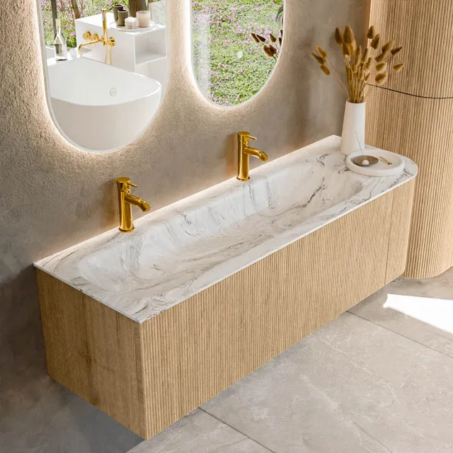 Mondiaz KURVE-DLUX 145 cm Onderkast Greeploos 1 Lade Met Deuren Oak, Wastafel Solid Surface Links Opalo 0 Kraangaten Zonder Spiegel (KRVBGL145R1L1D0KL-Oak/Opa)