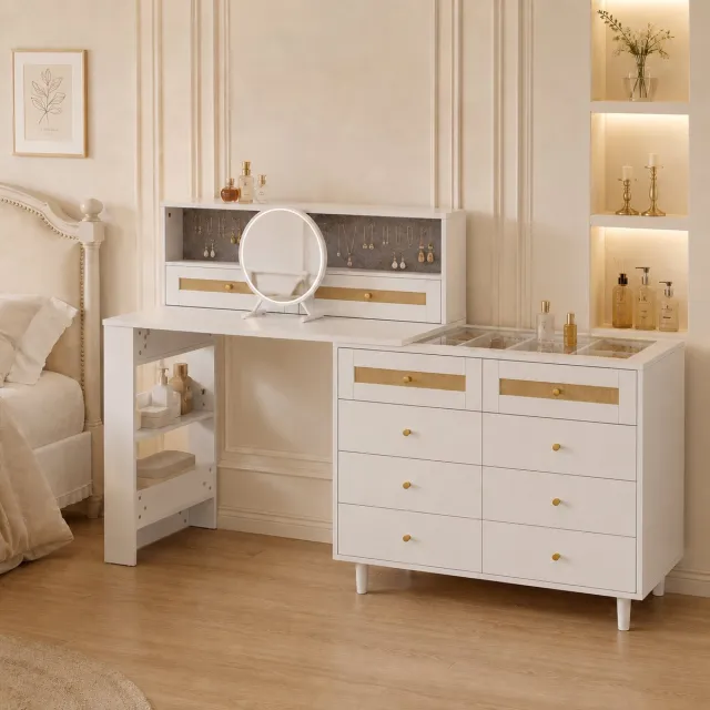 Zubaliya Kaptafel met spiegel, sieradenkast en 10 lades - wit - 105 x 50 x 107,5 cm