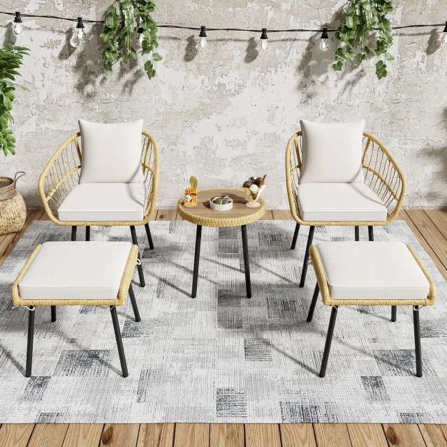 Maisentiel 5-delige tuinloungeset met tafel, 2 stoelen en 2 hockers, rotan, wit/naturel