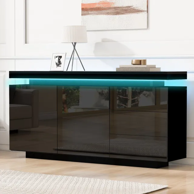 Maisentiel Zwart dressoir met ledverlichting, 2 deuren en 3 lades - 140 cm breed