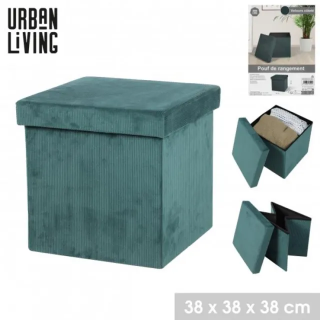 Urban Living KUBE "VELOURS CÔTELÉ" Opvouwbare Opbergpoef Groen 37,5 x 37,5 x H37,5 cm
