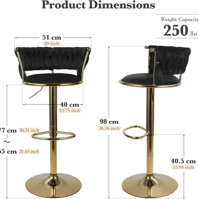 House&Garde Barkrukken Set van 4 – House&Garden Noir Luxe Verstelbare Barstoelen – Fluweel Zwart met Goud Metaalframe – 360° Draaibaar – Ergonomische Rugleuning – 77-98 cm – Voor Keukeneiland & Huisbar