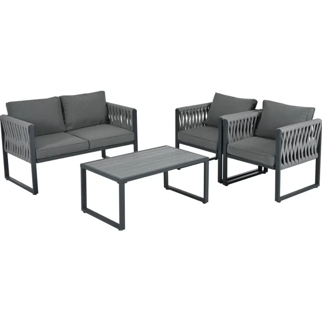 Merax Tuinset met Verzinkt IJzeren Frame en Tuin Salontafel - Tuinmeubel Set van Touw - Loungeset met Zitkussens - Verstelbare Poten - Grijs