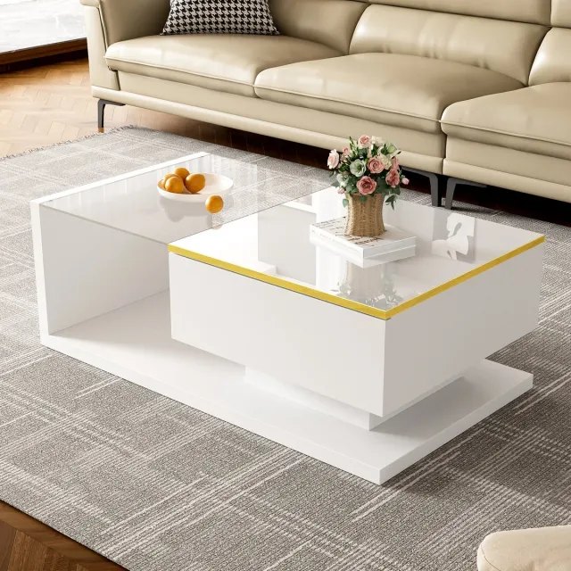 HAUSS SPOLE Salontafel - Hoogglans Salontafel Met Gehard Glas En Dimbare 16-Kleur LED - Opbergruimte Met Open Planken - Spaanplaat - 90x50x32,5 cm - Wit