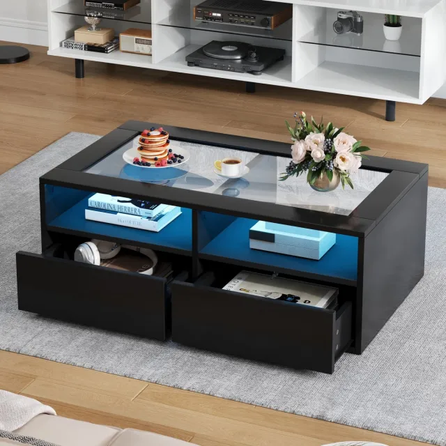 OKWISH Salontafel – Lotus Serie – 2 Lades – met LED en app – Tweelaags Opbergdesign met Open Vakken – Gehard Glas; Spaanplaat Zwart – 100x50x35 cm