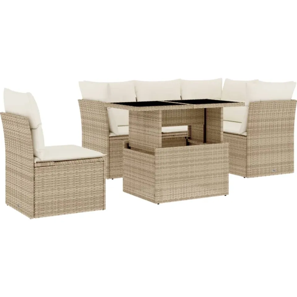 vidaXL 6-delige Loungeset met kussens poly rattan beige, foto 3