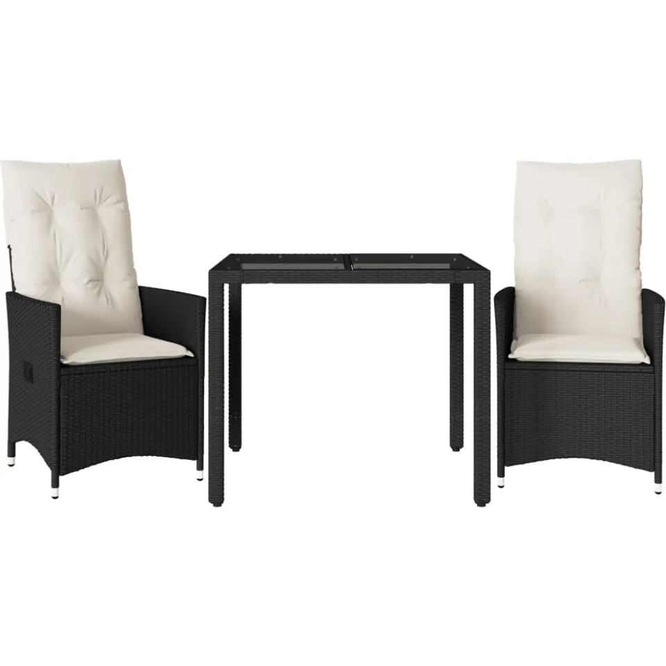 vidaXL 3-delige Bistroset met kussens poly rattan zwart, foto 3