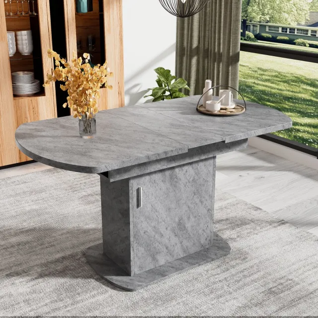 Sweiko Uitbreidbare Ovale Eettafel, L110/130xW70xH75cm,Eettafel met Opbergruimte, Casual salontafel, moderne minimalistische eettafel, ruimtebesparende multifunctionele eettafel, Beton Uiterlijk+Zilveren Handvat Grijs