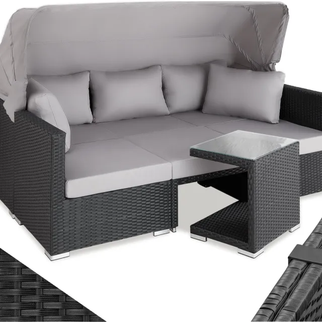 Tectake Wicker zonneeiland zitgroep, loungemeubelset inclusief bank met zonnekap, kruk, fauteuils en tafel, tuinmeubilair, loungemeubel balkon en tuin, terrasmeubilair, weerbestendig - grijs zwart