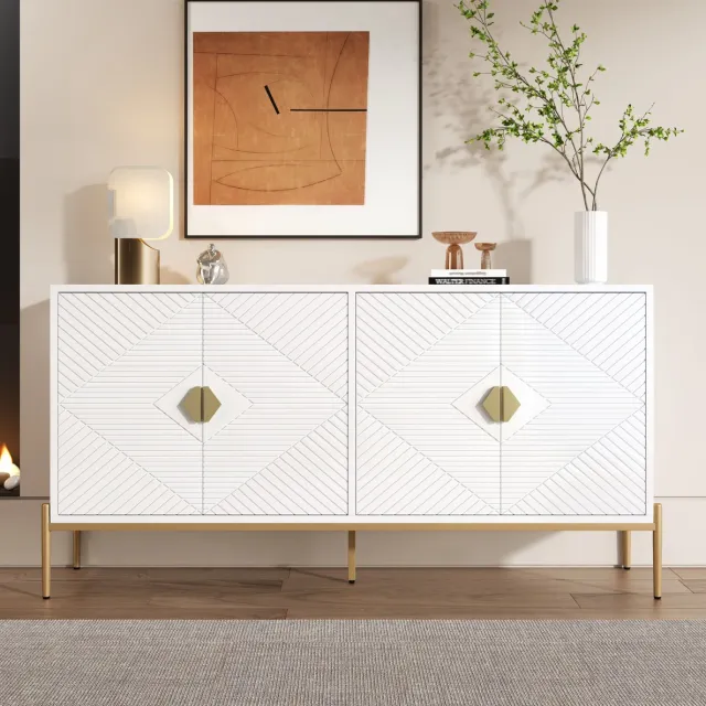 MEUNIQ Dressoir 162 x 40 x 80 cm wit met 4 deuren, geometrisch sideboard met gouden handgrepen en metalen poten voor woonkamer, eetkamer of hal