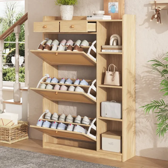 CHICFURN Schoenenkast 90 cm - 3 kleppen - 2 lades - Kast - Naturel
