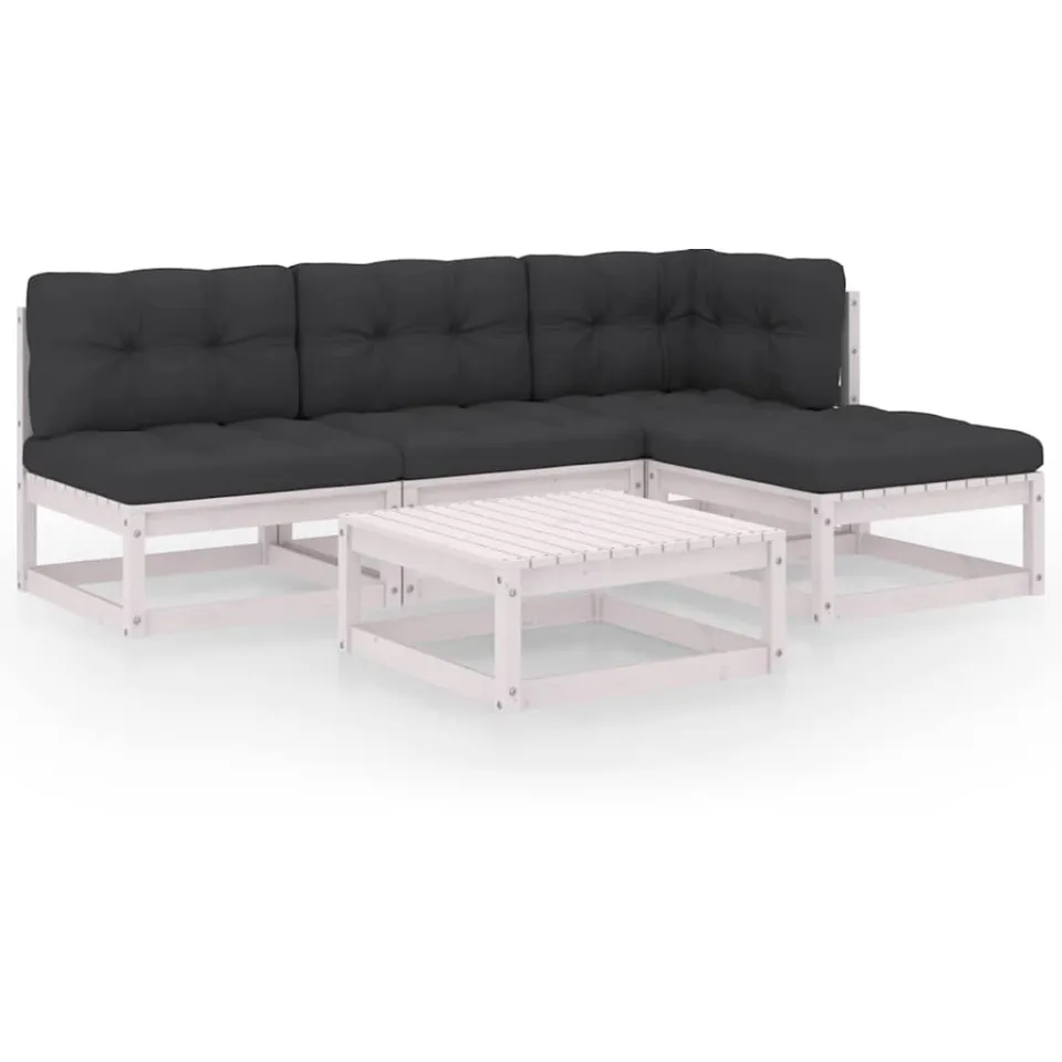 vidaXL 5-delige Loungeset met kussens massief grenenhout Wit