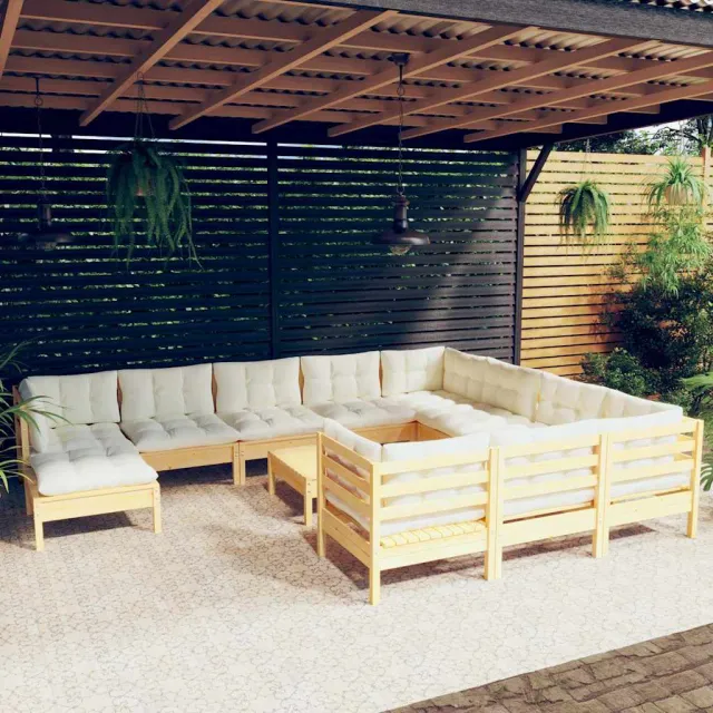 vidaXL 12-delige Loungeset met crèmekleurig kussens grenenhout, foto 2