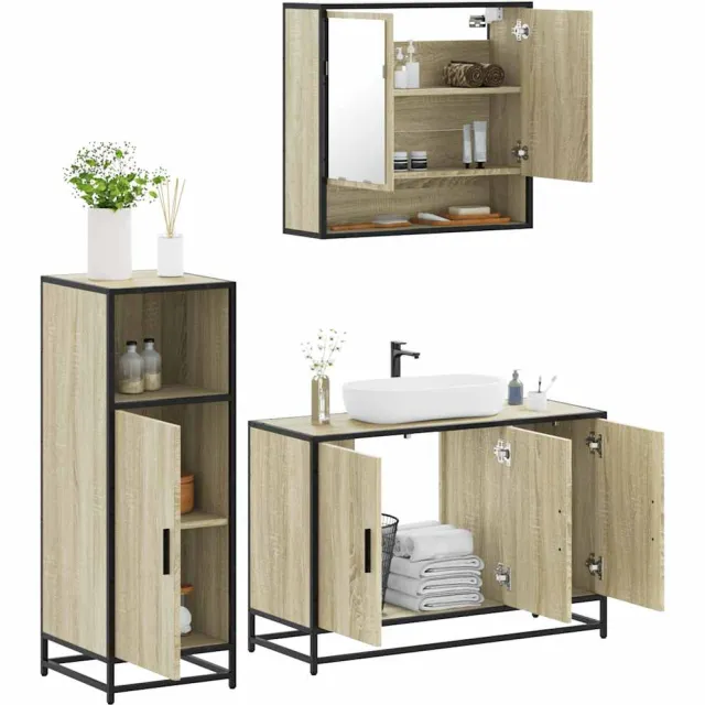 vidaXL 3-delige Badkamermeubelset bewerkt hout sonoma eikenkleurig Bruin