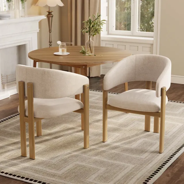 Wishdor Eetkamerstoel set van 2 - Met armleuningen en zachte zitting - Modern design - Eetkamer woonkamer café - Metaal houtlook - Beige - 83 x 52,5 x 61,5 cm