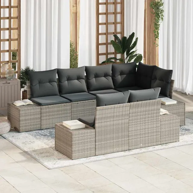 vidaXL Tuinbankenset 7 st Lichtgrijs poly rattan, foto 2