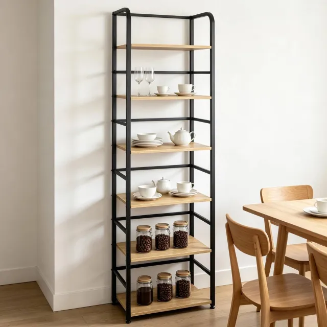 REDOM Boekenkast - 6-laags opbergruimte - Open stellingkast - Antikantelvoorziening en antislipvoetjes - Industriële stijl - MDF en metaal - Zwart en licht eiken - 50 x 30 x 176 cm