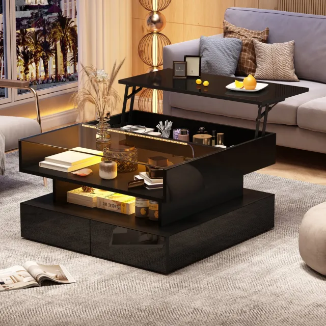 Maisentiel Zwarte salontafel 80 x 80 x 45 cm - opklapbaar blad, 2 lades, glas en LED
