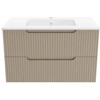 Aurlane Wastafelonderkast Emilien 50cm - Glansbruin - Met 2 Lades - Met Mat Witte Wastafel, foto 2