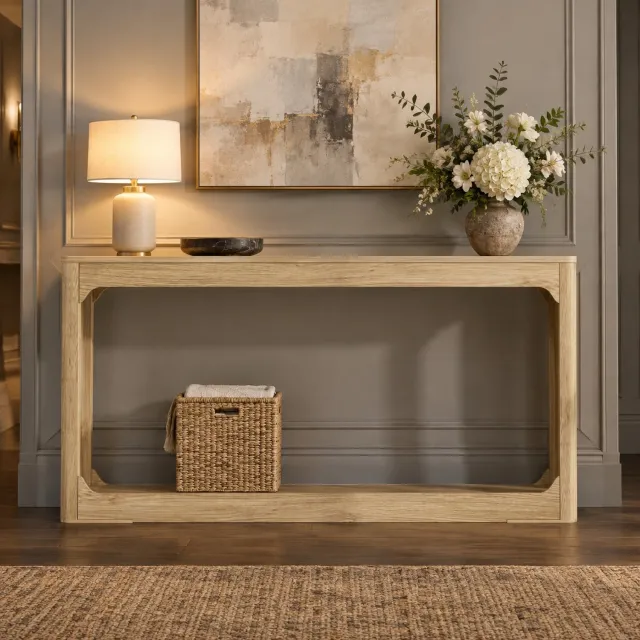 MEUNIQ Sidetable 140 x 30 x 79 cm met open legplank, consoletafel voor achter de bank of in de hal, naturel Naturel houtkleur