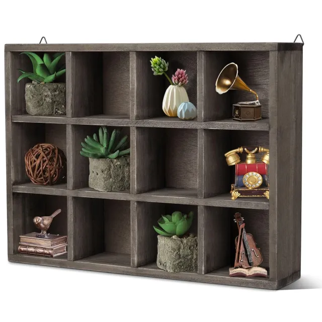 Flexzion zwevende plank - Bruine houten wandplank, vrijstaande wandplank, vrijstaande houten plank, wandplank met 12 compartimenten, sleufvormige schaduwdoos, vitrinekast, organizerplank, verticaal/horizontaal