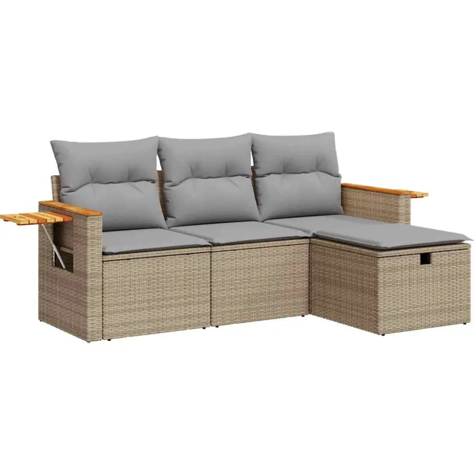 vidaXL 4-delige Loungeset met kussens poly rattan beige, foto 3