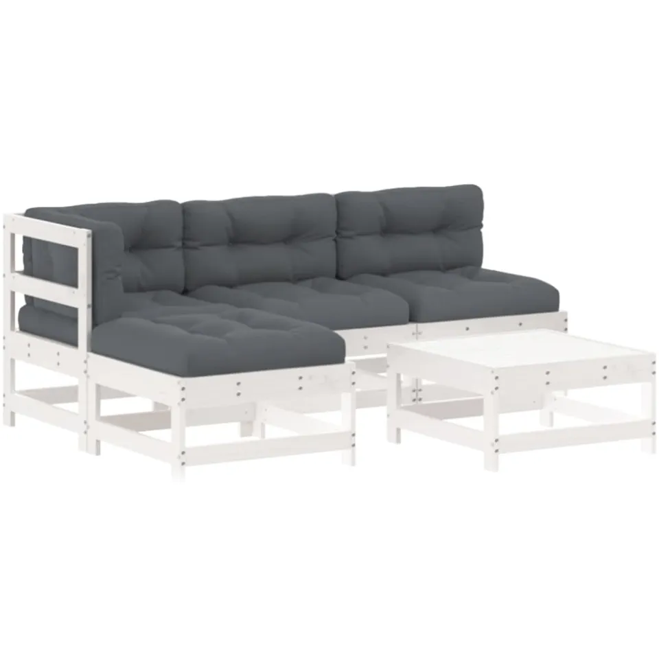 vidaXL 5-delige Loungeset met kussens massief hout wit, foto 4