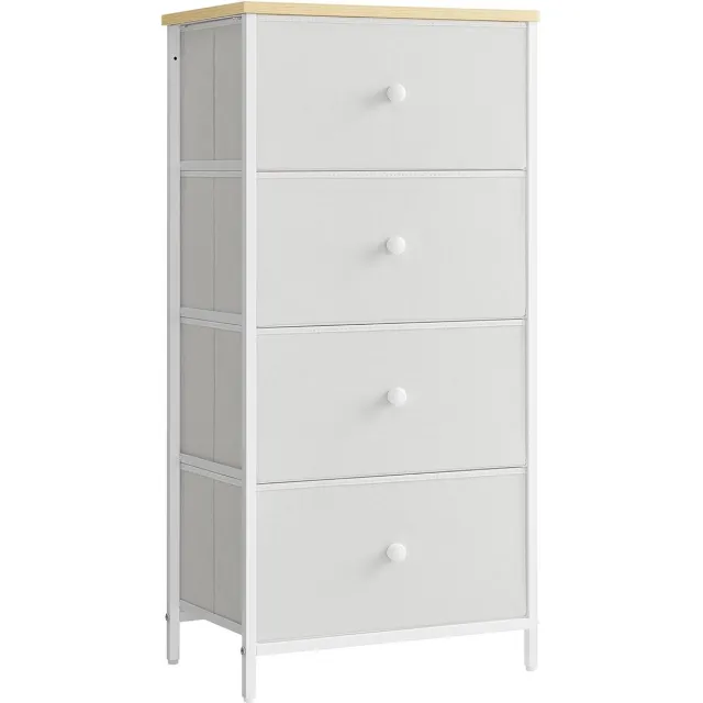 Hoppa! Commode met 4 Stoffen Laden - Metalen Frame - Hoog en Smal - Wit-Eiken grijs