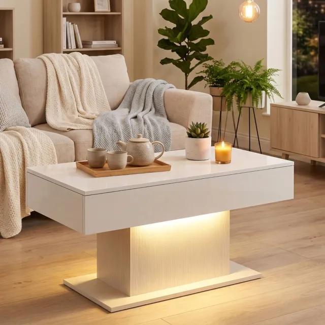WUVRIE Salontafel 108x48x55 cm - RGB LED-verlichting en 2 lades - Hoogglans wit