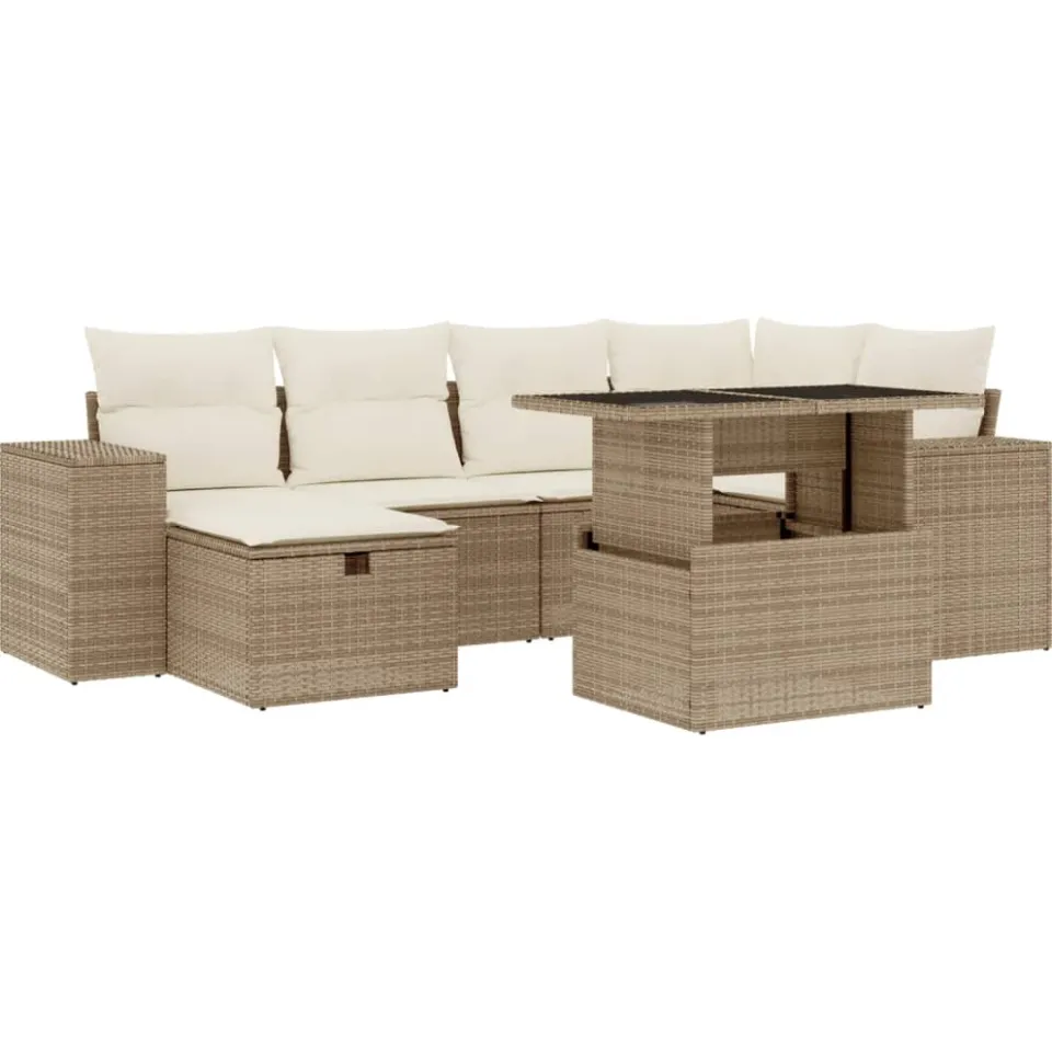 vidaXL 7-delige Loungeset met kussens poly rattan beige, foto 3