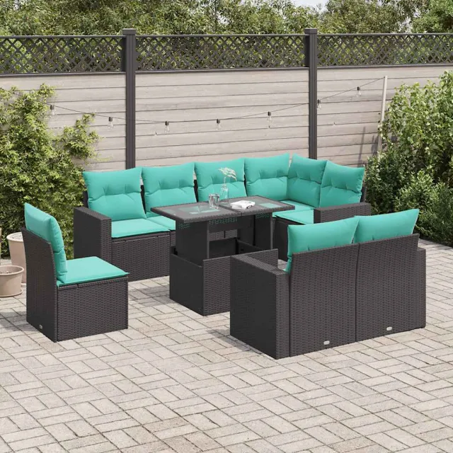 vidaXL 9-delige tuinbankset met kussens van zwart polyrotan, foto 2