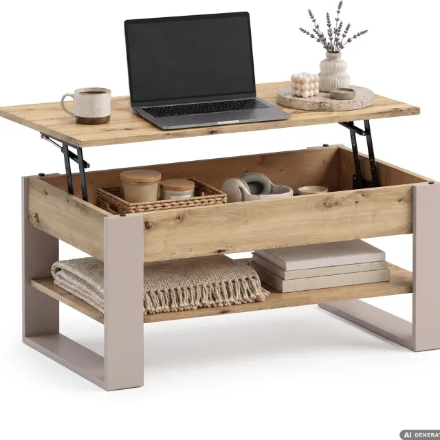 Akord Salontafel DENVER / Artisan Eiken / 92 cm / Liftbaar Tafelblad / Opbergvak / Kasjmier Poten / 92 x 52 x 45 cm